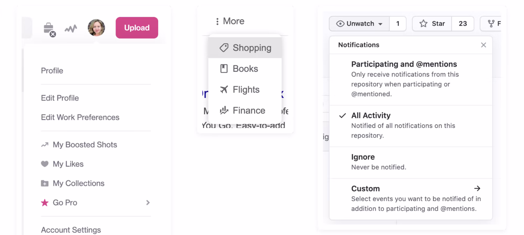Example dropdown menus from Dribbble, Google search, and GitHub